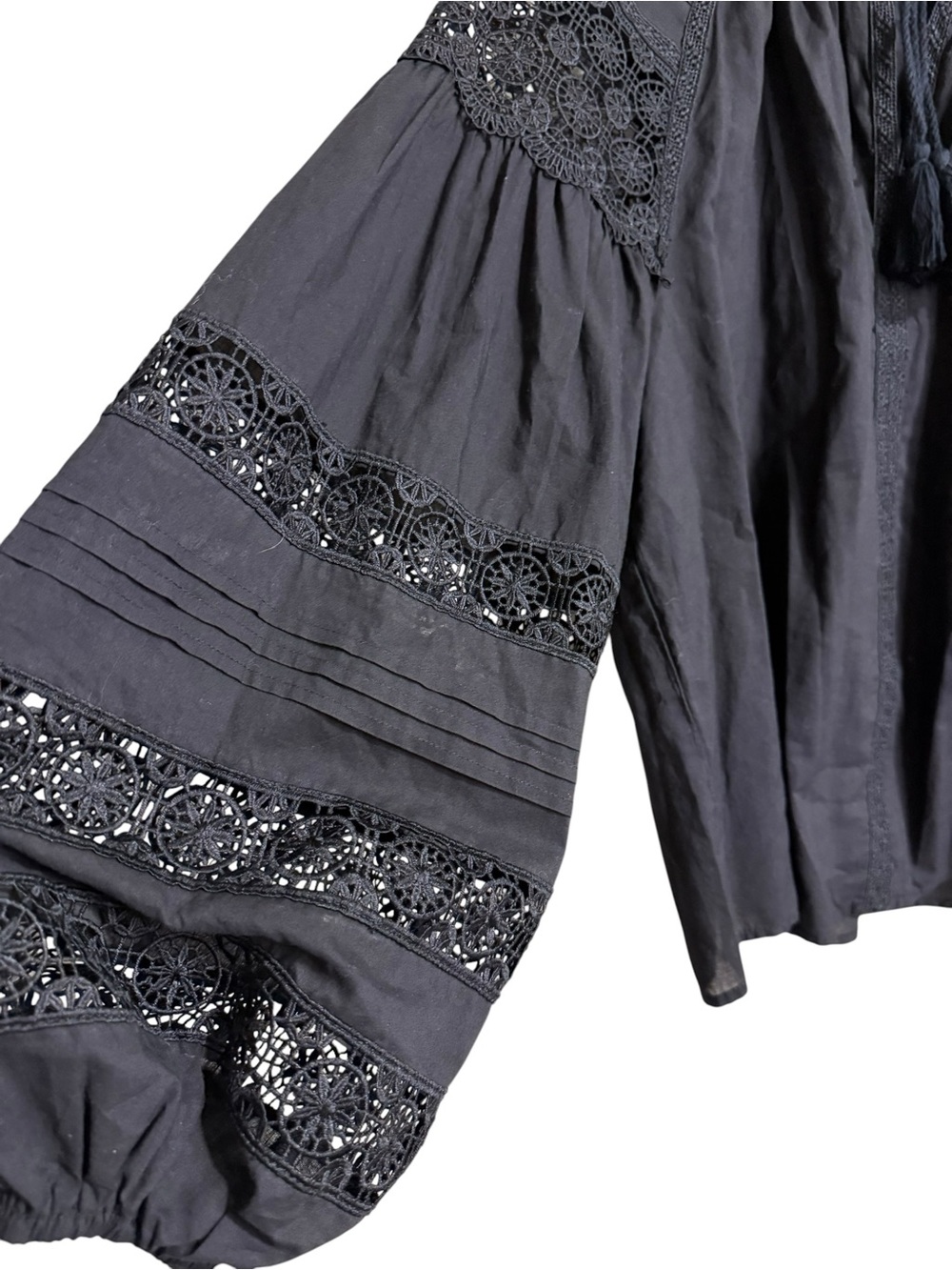 En Saison Black Lace Inset Peasant Blouse Balloon Sleeve - Picture 3 of 8